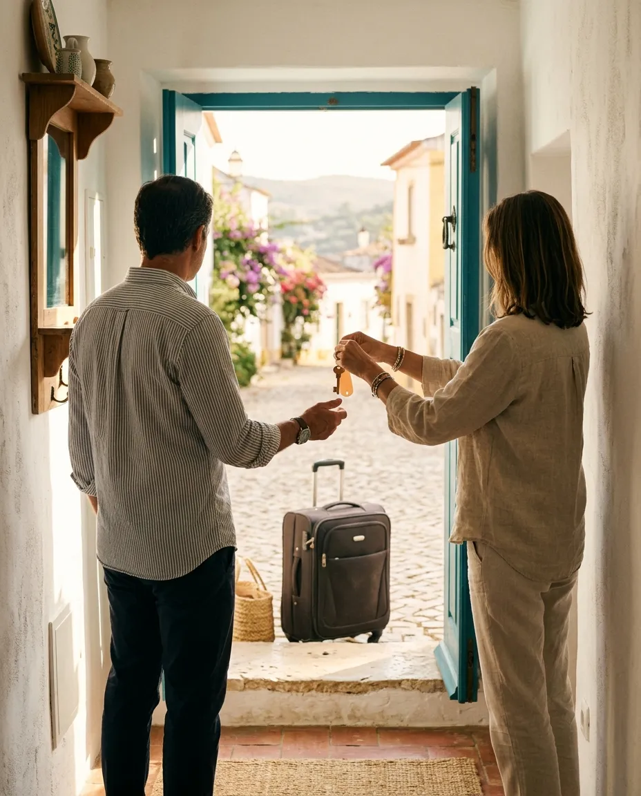 Um gestor a entregar um porta-chaves a um hóspede à porta aberta de uma casa