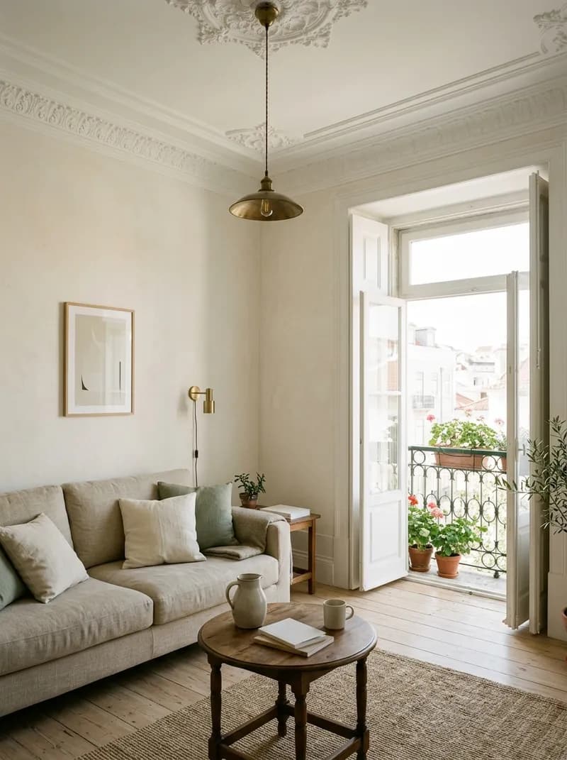 Sala luminosa de um apartamento na cidade com a porta da varanda aberta