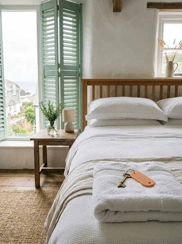 Quarto com lençóis brancos lavados e uma toalha dobrada com um porta-chaves em cima
