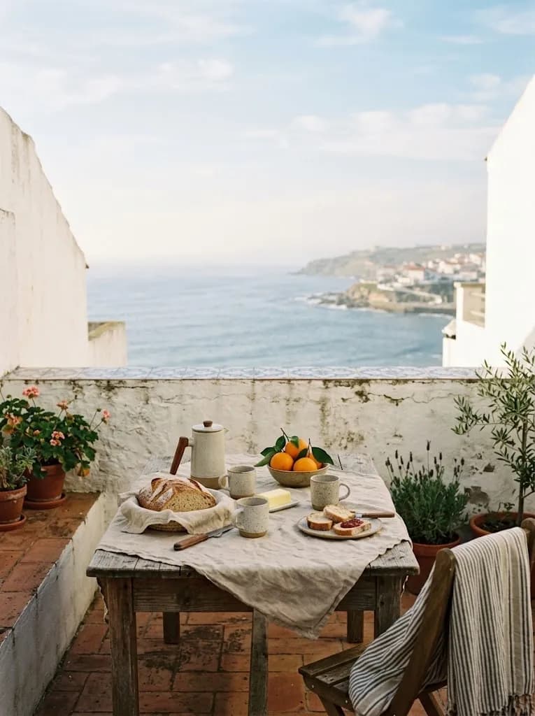 Terraço pequeno com a mesa posta para o pequeno-almoço e o mar ao longe