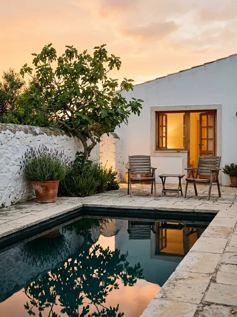 Jardim com uma piscina pequena e uma parede caiada à luz do fim de tarde