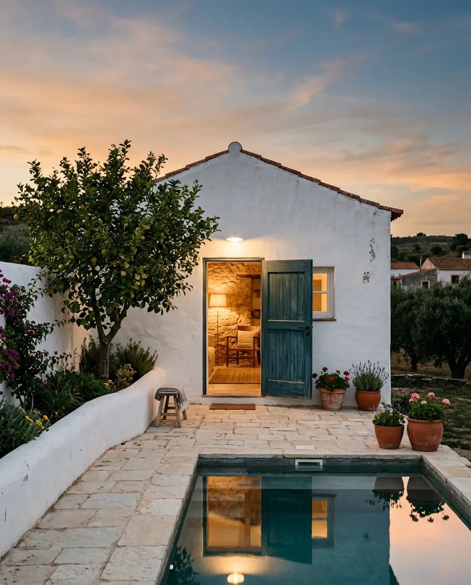 Casa pequena caiada de branco com jardim e piscina ao entardecer, porta da frente aberta