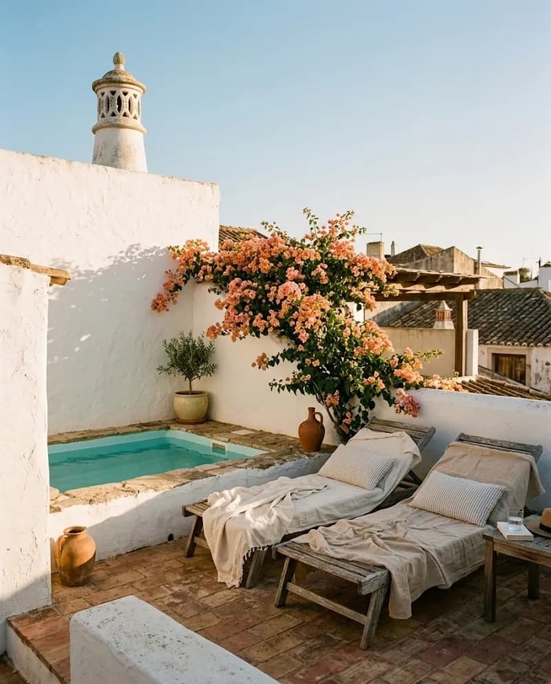 Terraço soalheiro com uma piscina pequena e uma parede caiada no Algarve