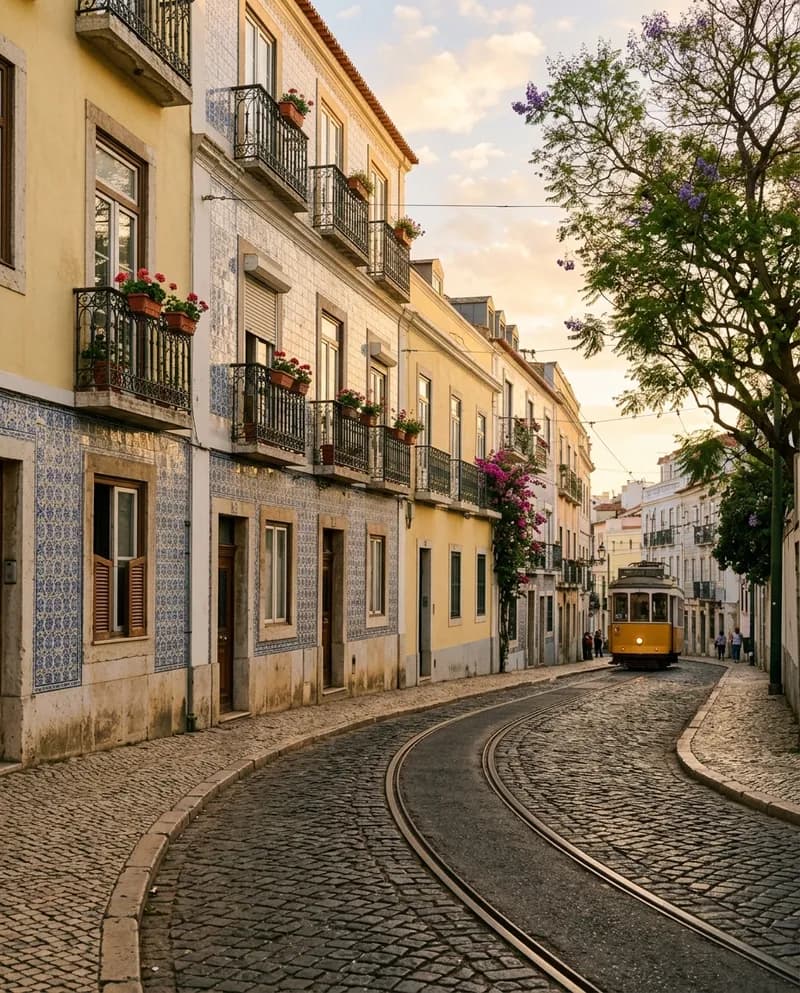 Rua de Lisboa ao fim da tarde com fachadas de azulejo e linha de elétrico